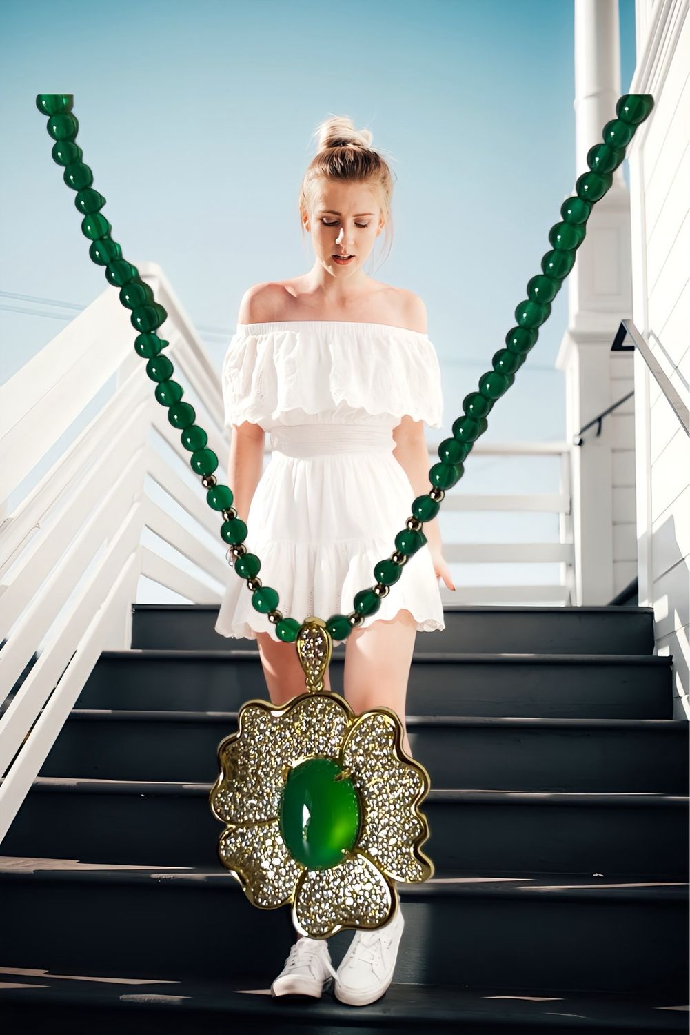 Small Agate Bead Necklace Chain With Gold Plated Flower Petals With Sparkling CZ’s And Gorgeous Chalcedony Main Stone