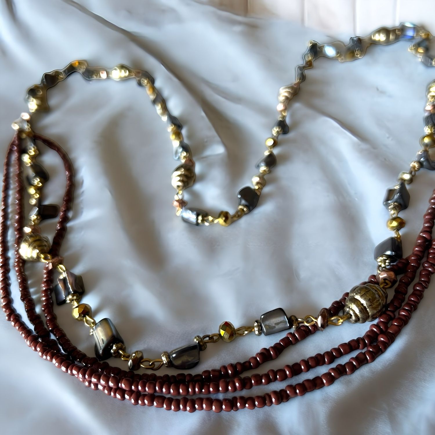 Boho Brass And Iridescent Stones  Mid Necklace Three Strands Of Brown Seed Beads