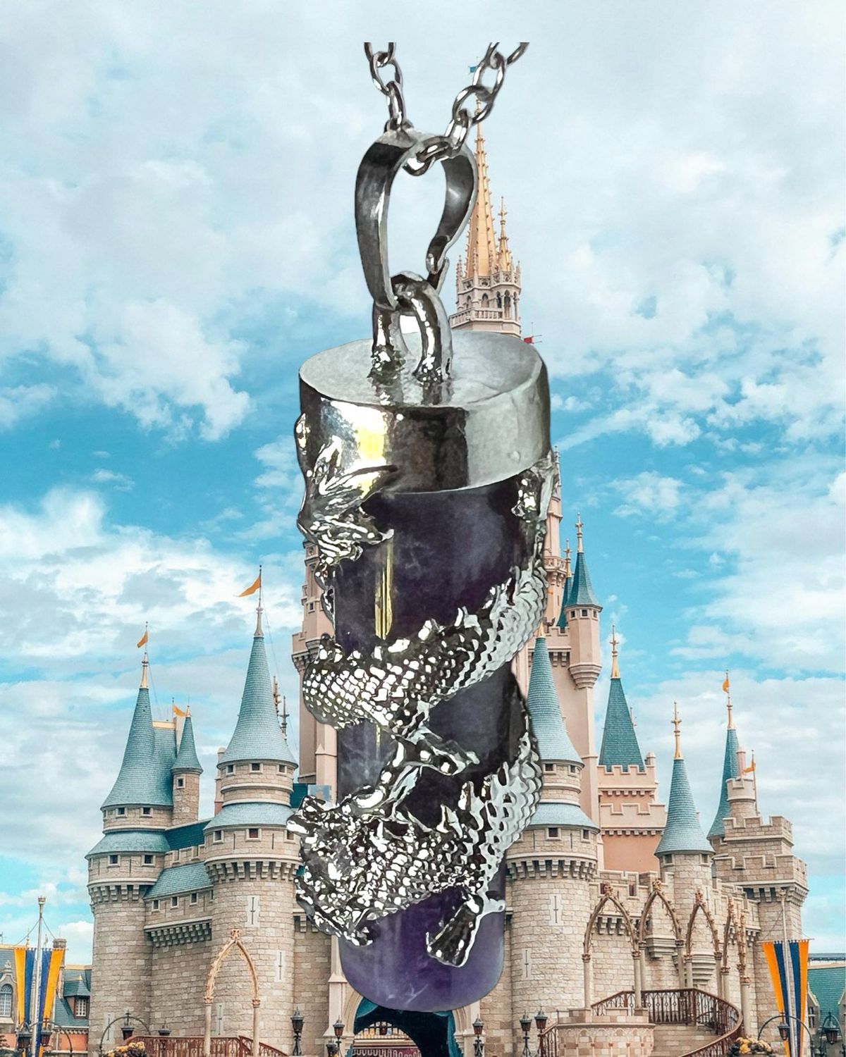 Silver Plated Dragon Phoenix Wrapped Round Cylinder Healing Crystal Chakra Stone Pendant Necklace