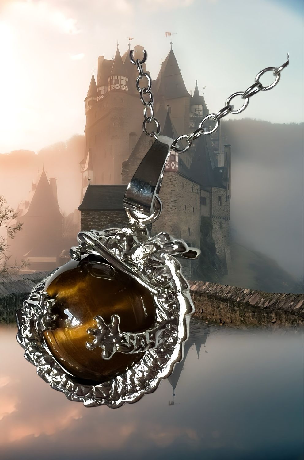 Natural Tiger Eye Sphere, Wrapped With Dragon Pendant And Chain