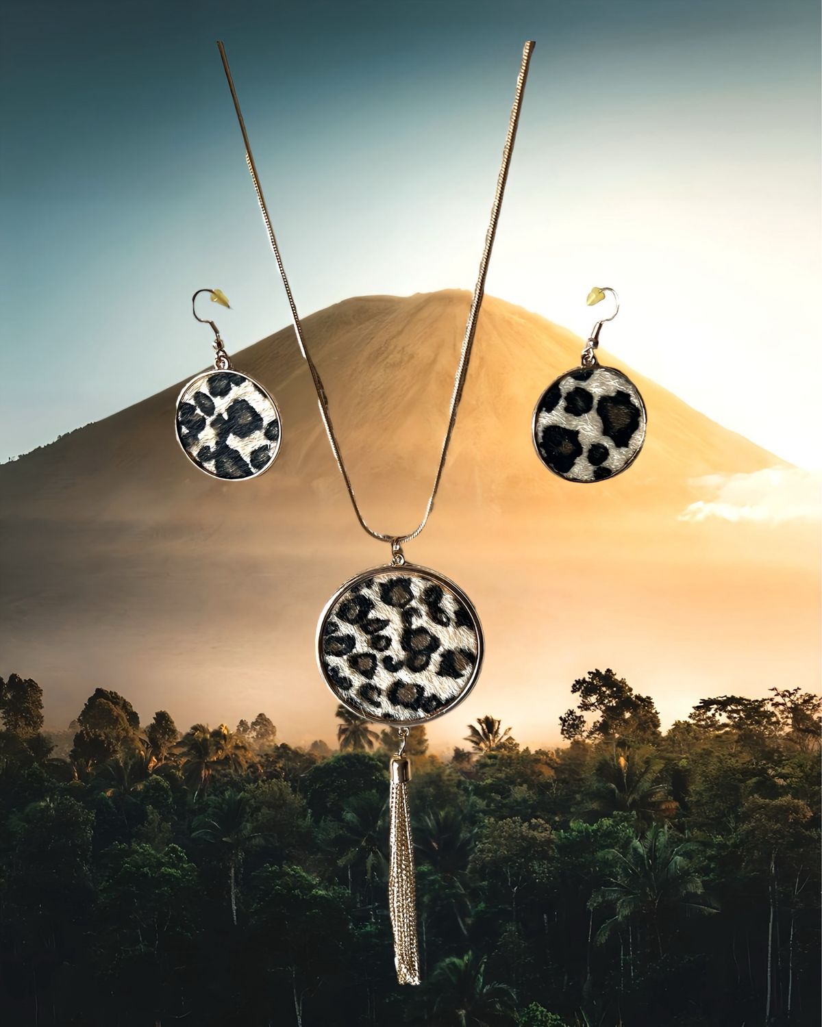 Long Necklace With Leopard Pendant And Tassel and Matching Earrings