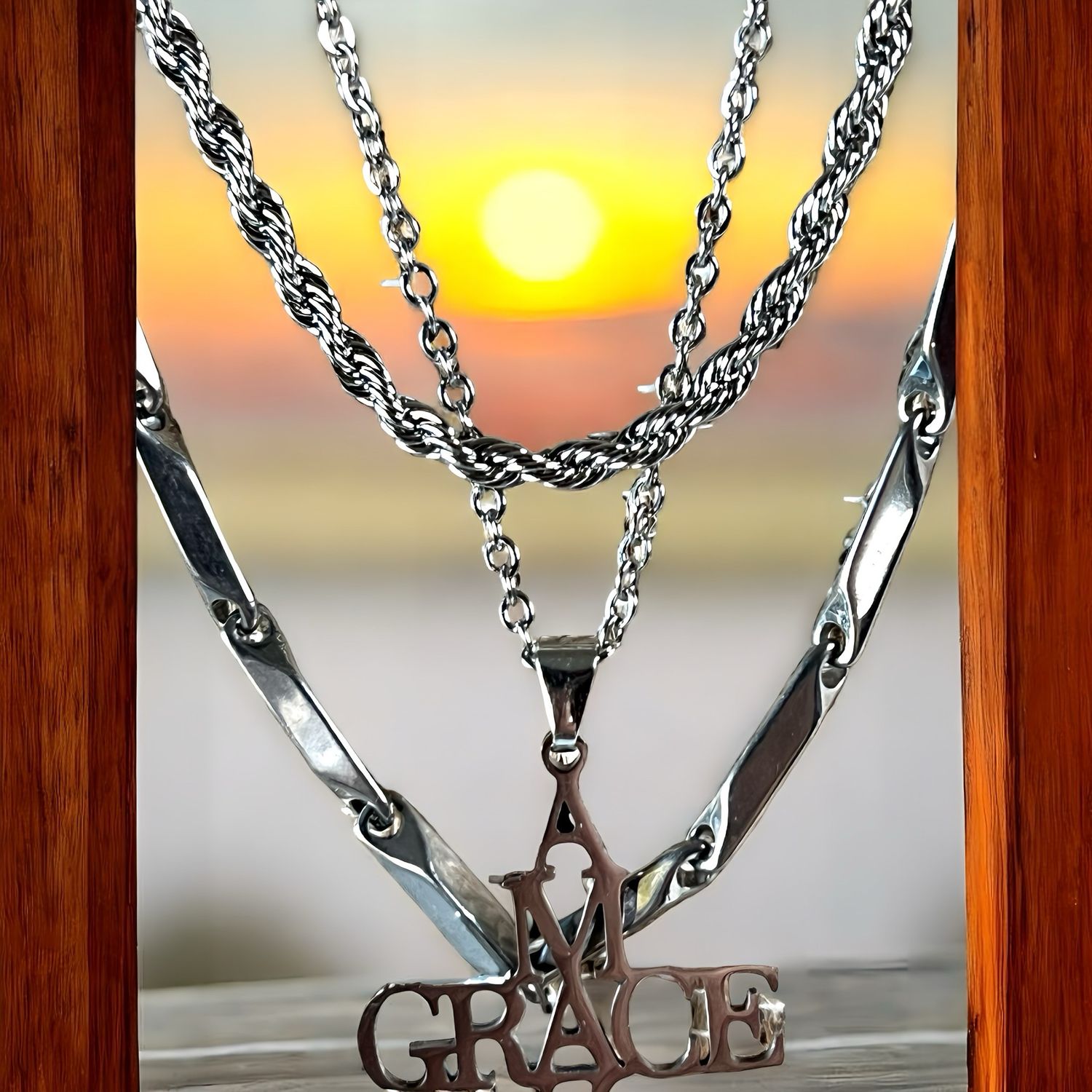 Three Stainless Steel Chains For Layering, Pendant Amazing Grace Cross