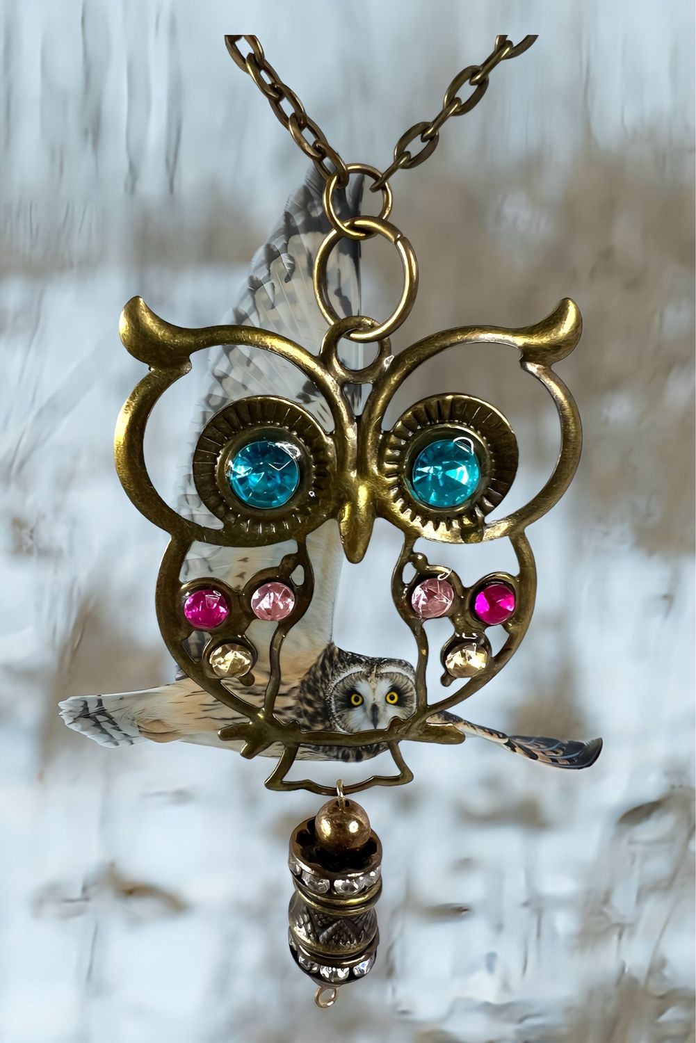 Owl Necklace With Color Glass And Rhinestones