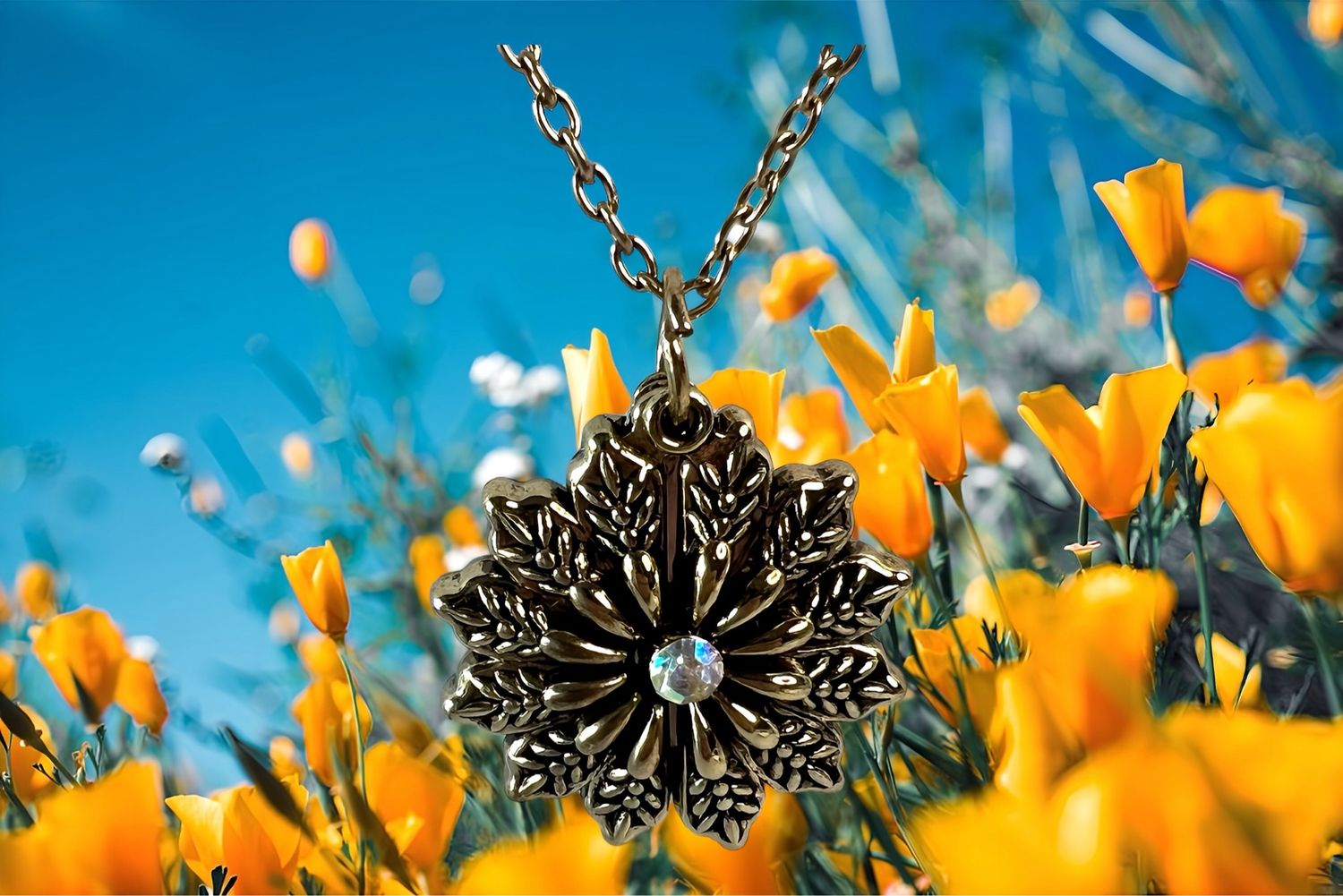 Antique Brass Flower With Stone And Center Each Side Opens To “you are my sunshine”