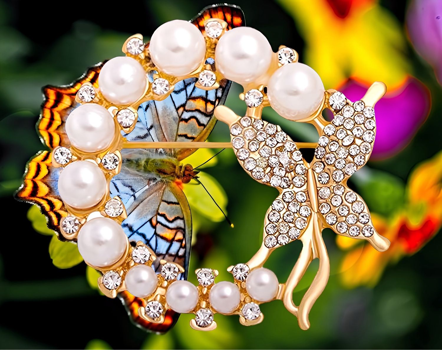 Pearl Brooch With Stone Crested Butterfly