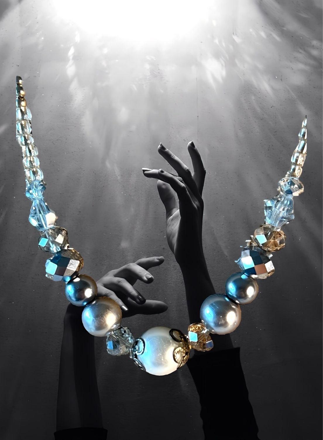 Glass And Stainless Beaded Pearl And Crystal Necklace