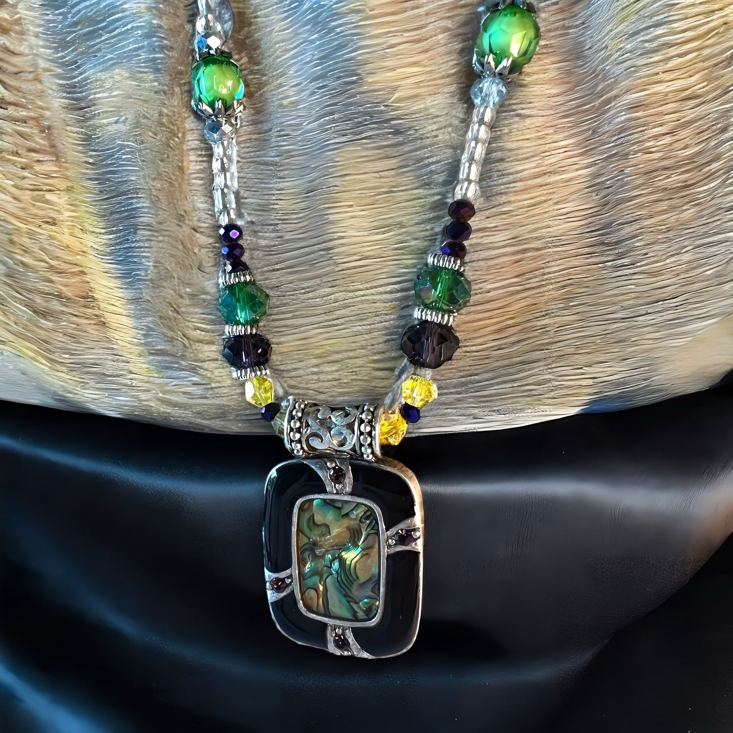 Purple, Green And Gold Mardi Gras-esk Necklace With Abalone Like Medallion
