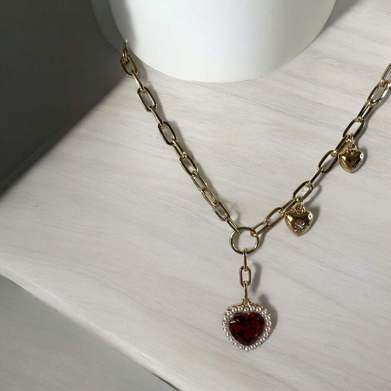 Pearl Lined Heart, Gold Tone Clip Chain, 2 Side Heart Charms