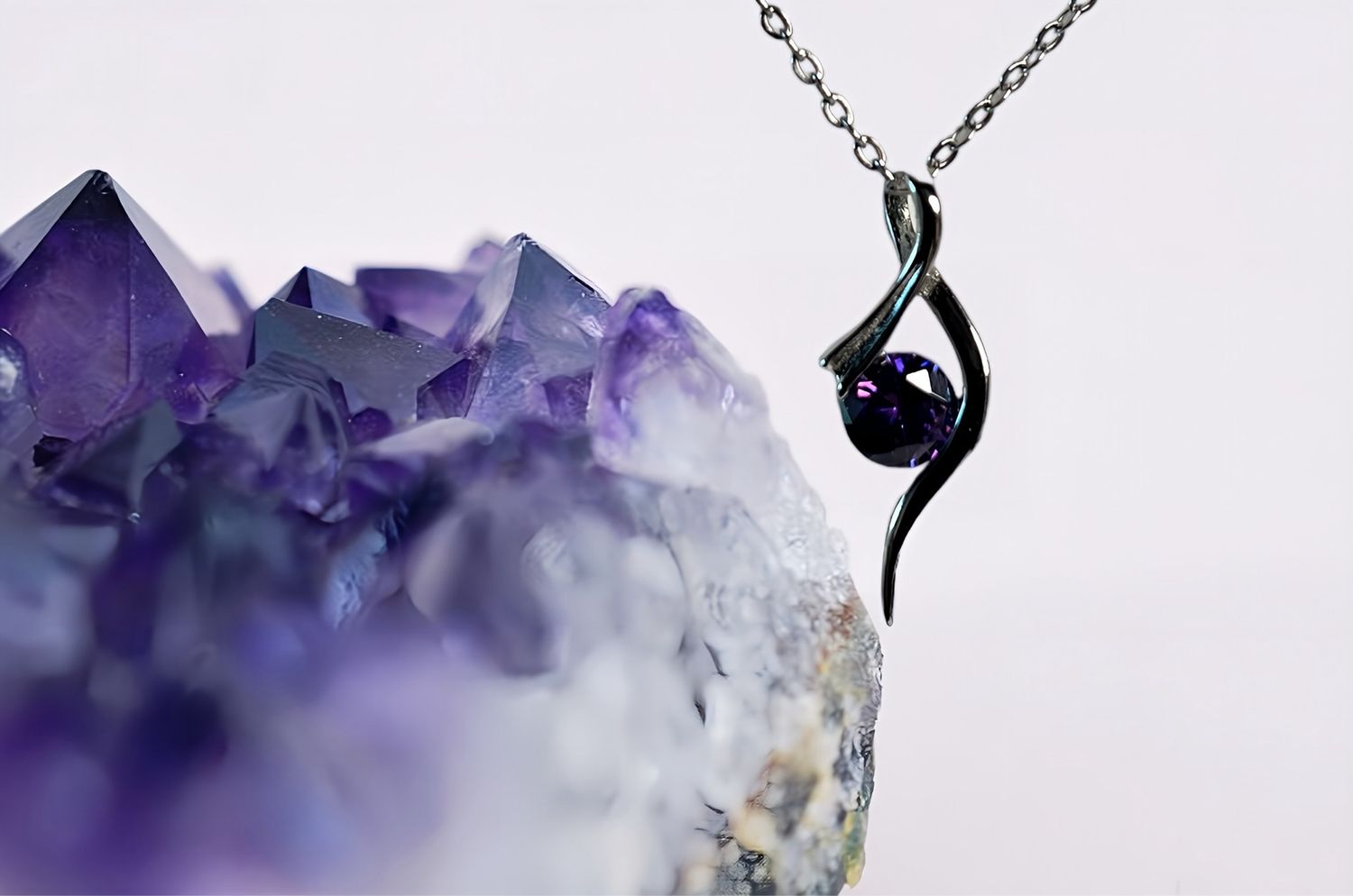 Amethyst &amp; .925 Sterling Silver,Awareness Ribbon-Style Pendant Necklace
