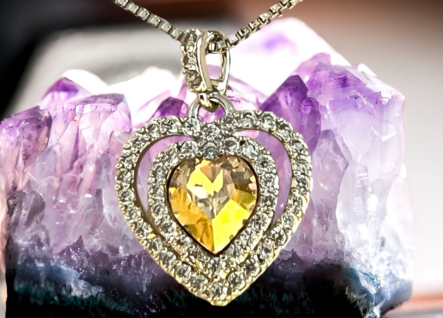 Citrine Created Heart Necklace With Cubic Zirconia