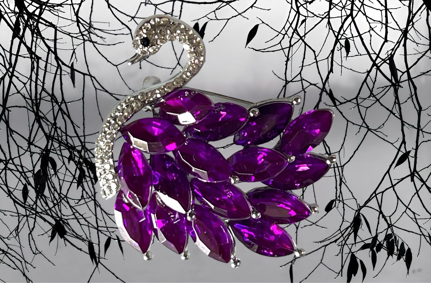 Swan Brooch Purple Cut Glass