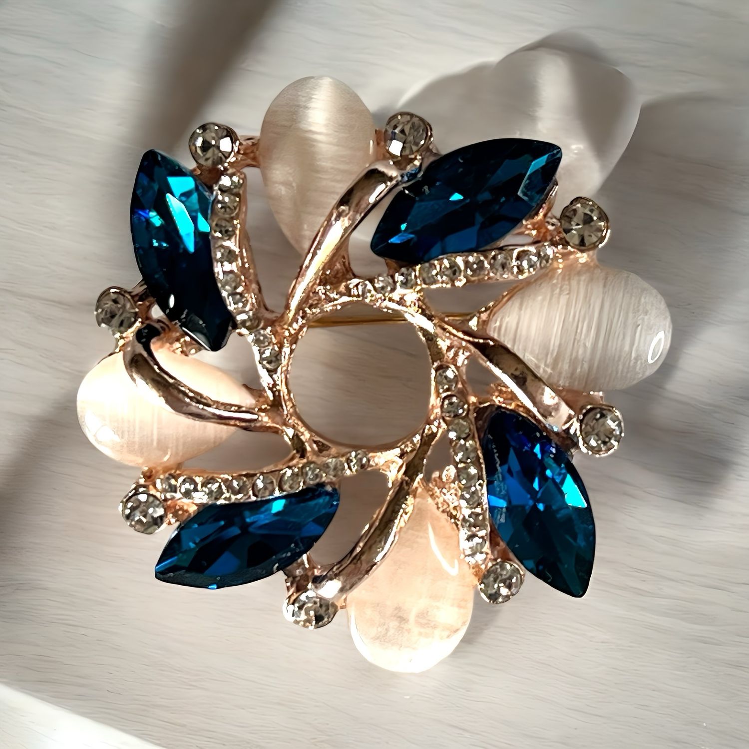 Art Nouveau Deco Brooch, Blue Crystal,Rhinestones ,Translucent Petals