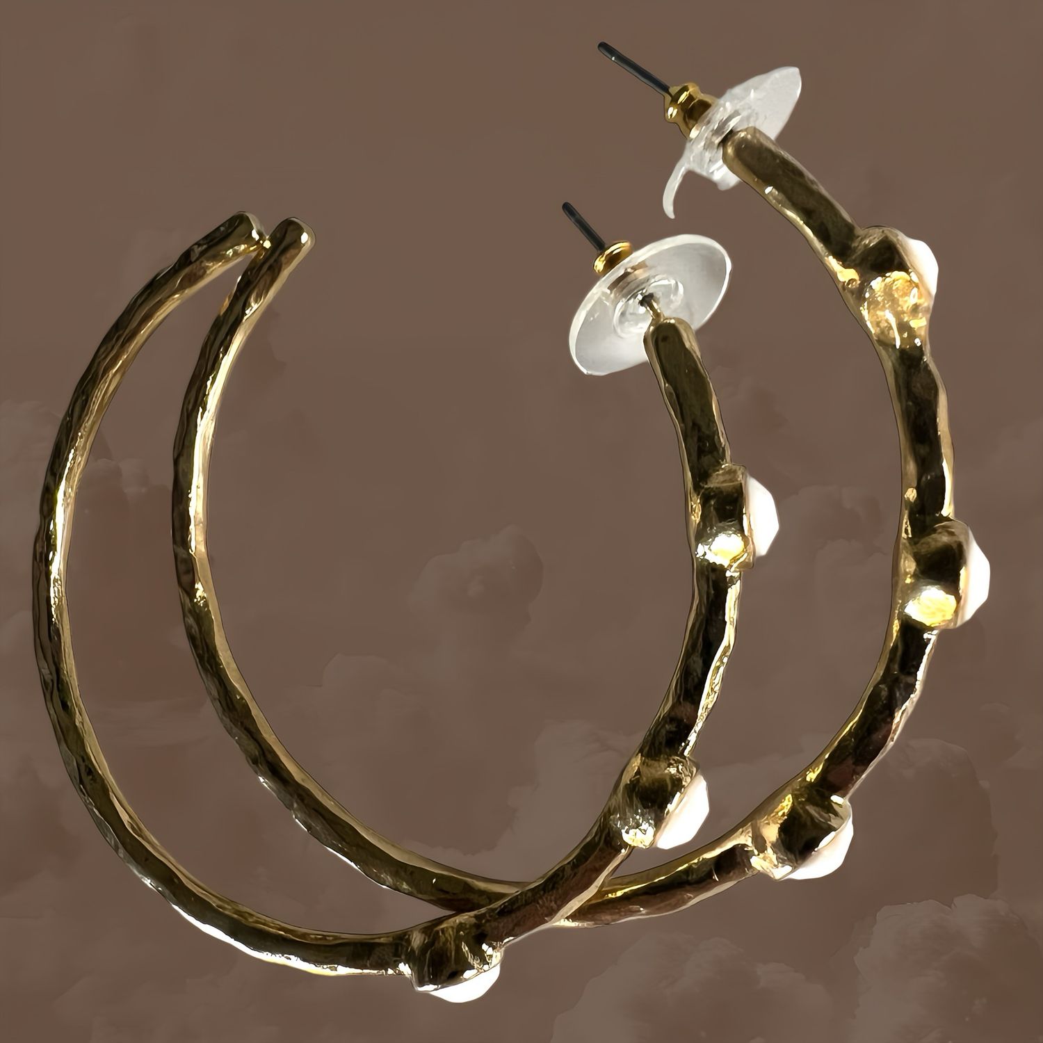 Gold Tone Open 2” Hoop W/ White Faceted Stone