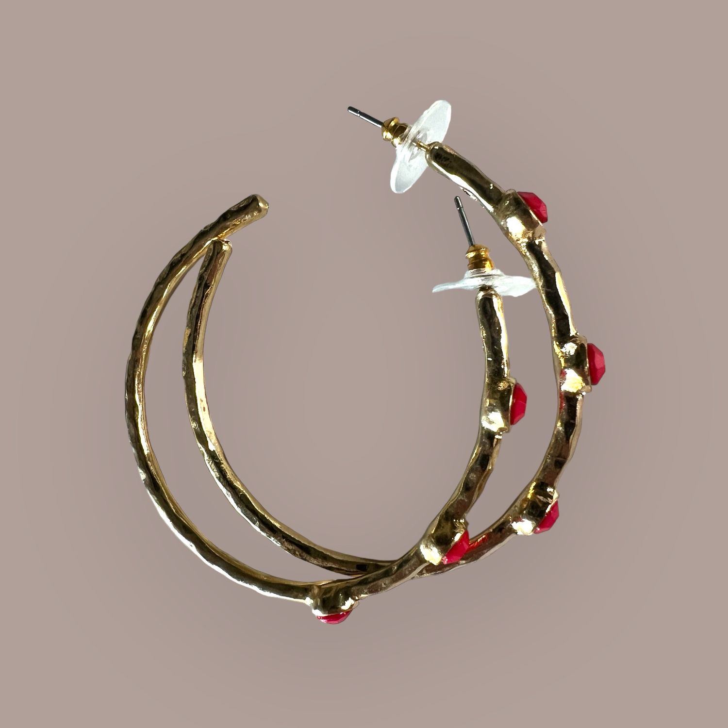Gold Tone Open 2” Hoop W/Red Faceted Stone