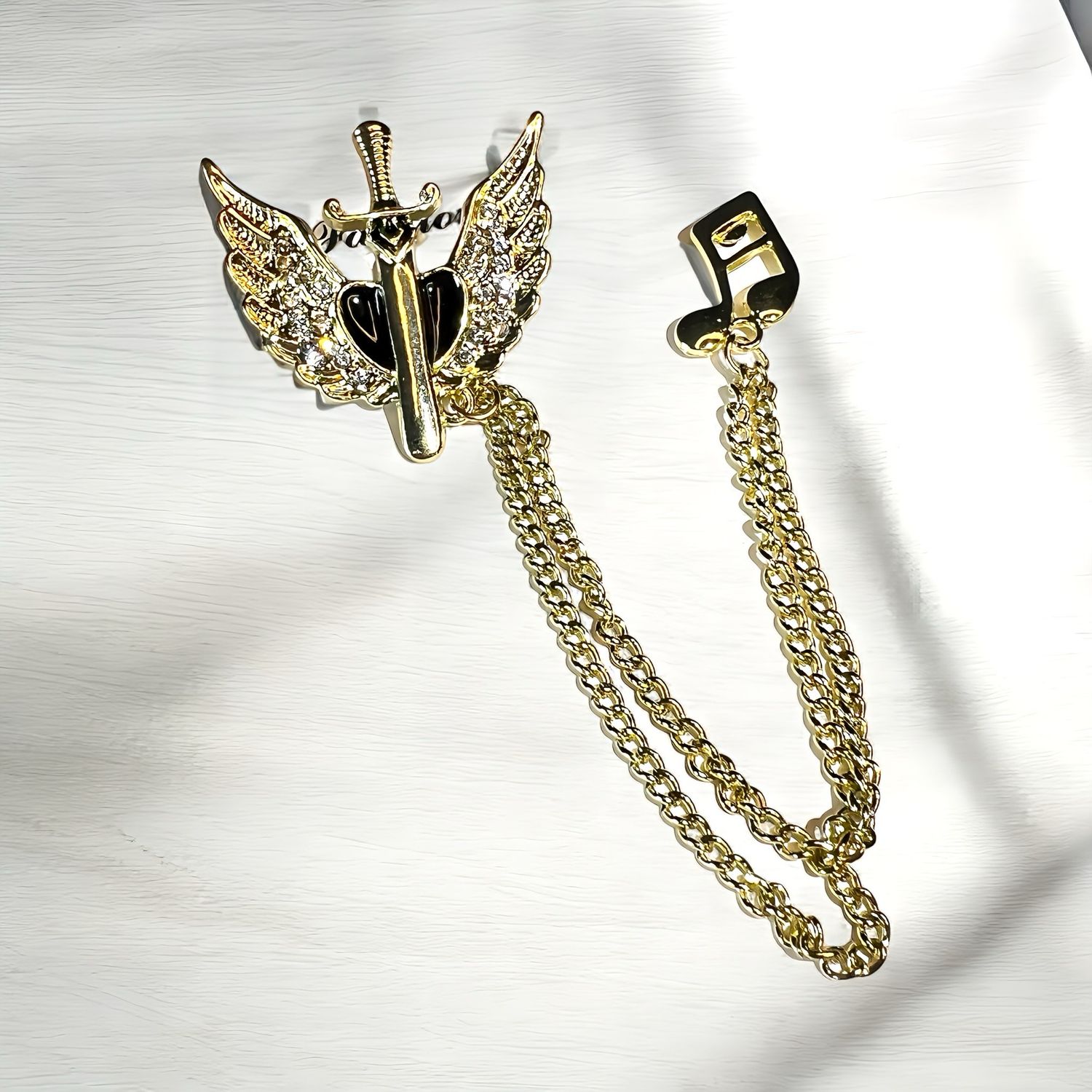 Combo of Rhodium Plated Rhinestone King Crown &amp; Angel Wings Musical Sword Note Chain Brooch Pin