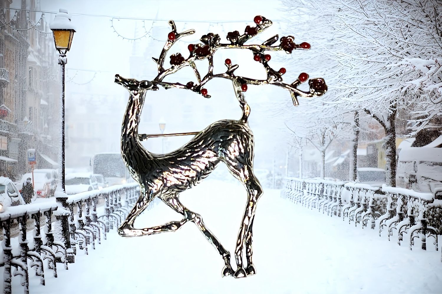 Large Silver-tone Brooch Christmas Deer with Red Flowers on Antlers