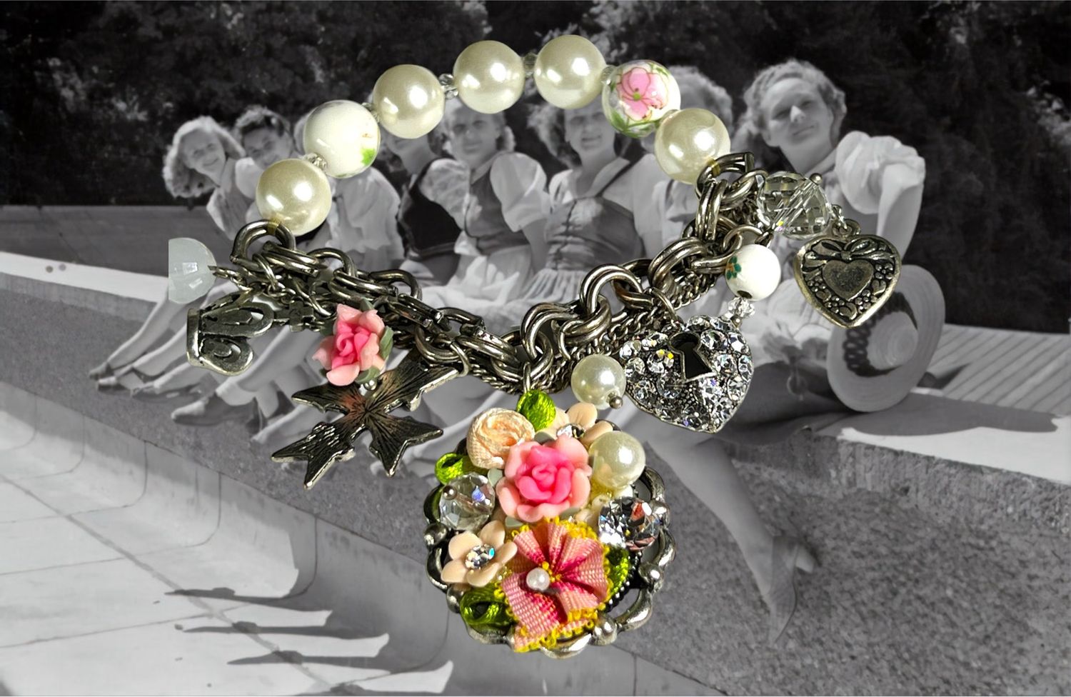 Vintage Floral Pearl, Silver, Multi Charms Bracelet A Must Have