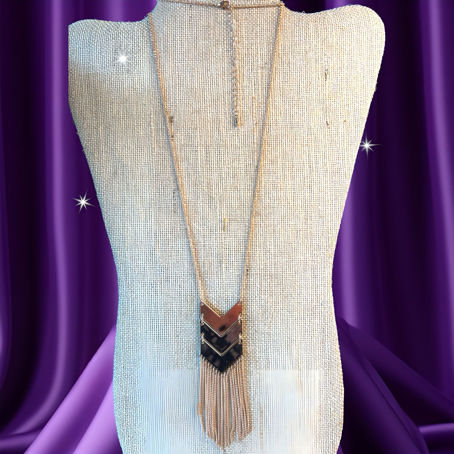 Vintage Gold Tone Chevron Cable Chain Necklace With Fringe 30&quot;