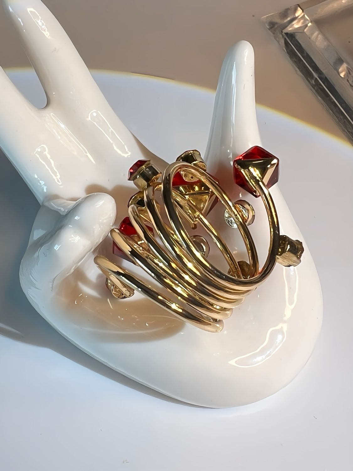 Art Deco Geometric Fashion Red Faux Gems Gold Tone Ring Size 8