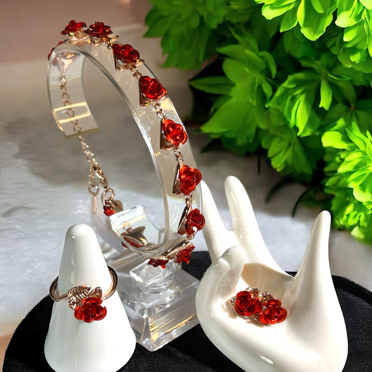 Dozen Roses Bracelet With Ring And Earrings 14K Plated