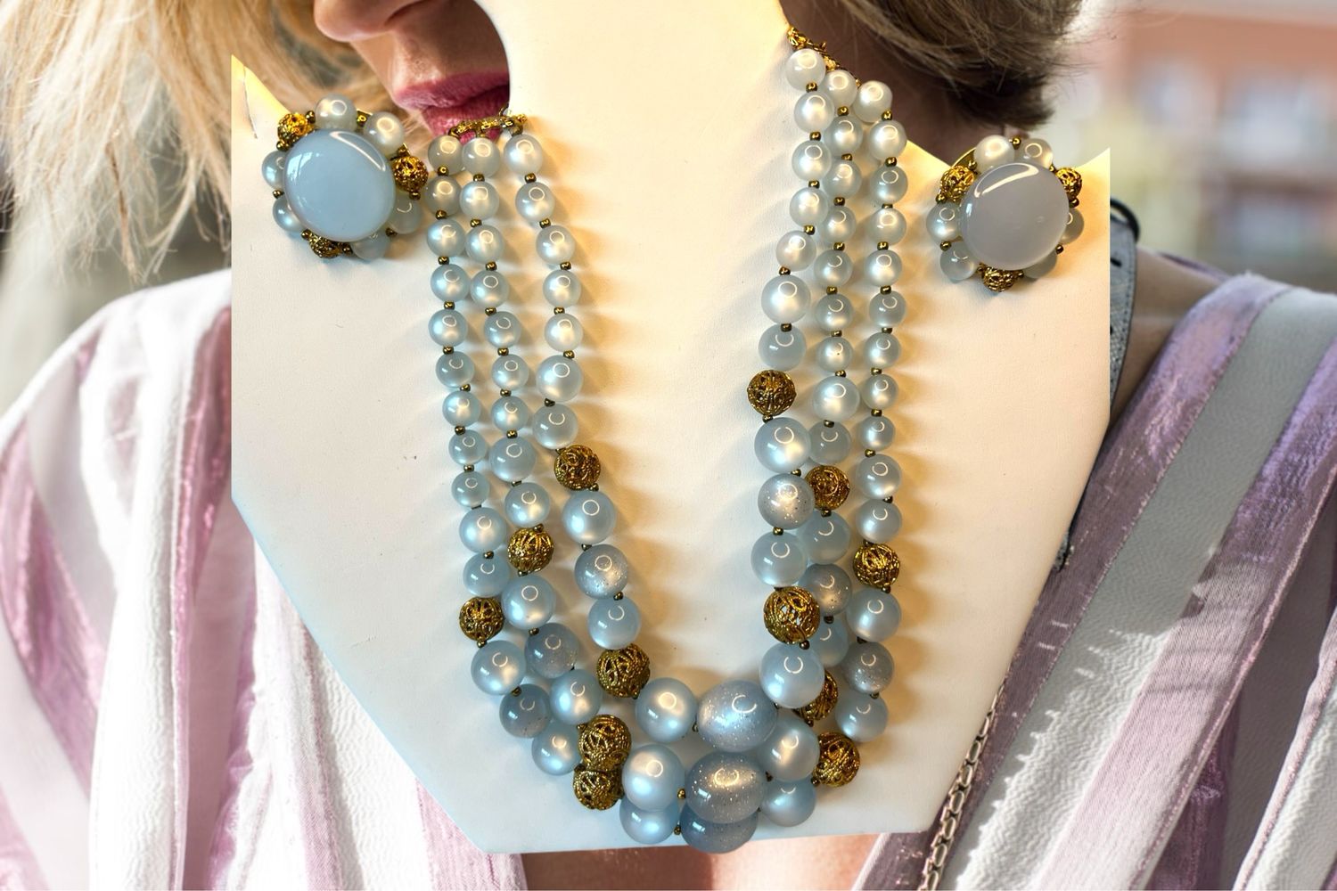 Lisner Vintage 1950’s Light Blue Moonglow Beaded Necklace, Three Strands, &amp; Clip-On Earrings Filigree Beads