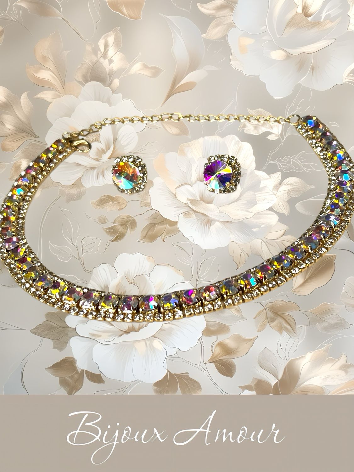 Sparkling 3pcs Jewelry Set 15” Small Necklace iridescent, Rhinestone Stud Earrings