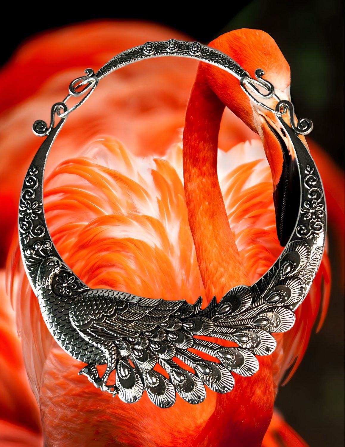 Boho Peacock Silvertone Carved Choker