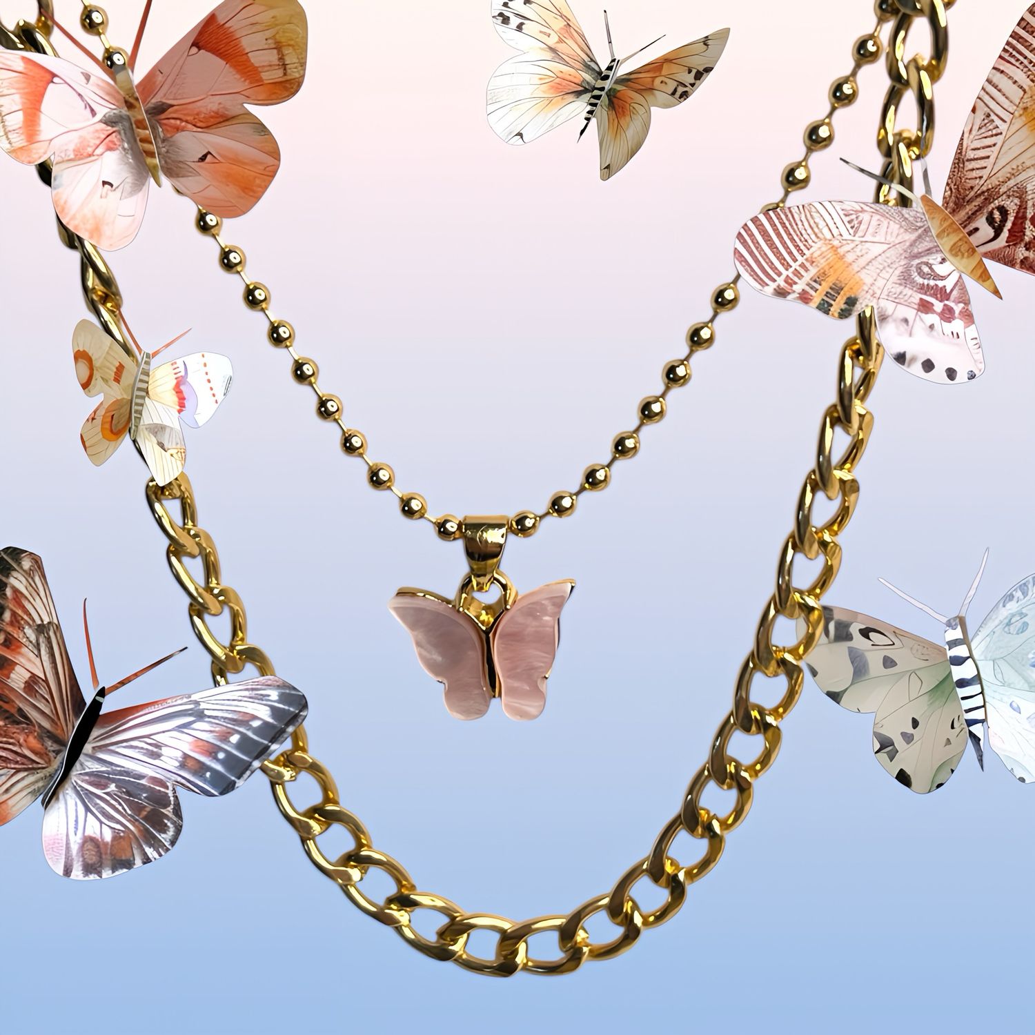 Gold Town Chains With Butterfly Medallion