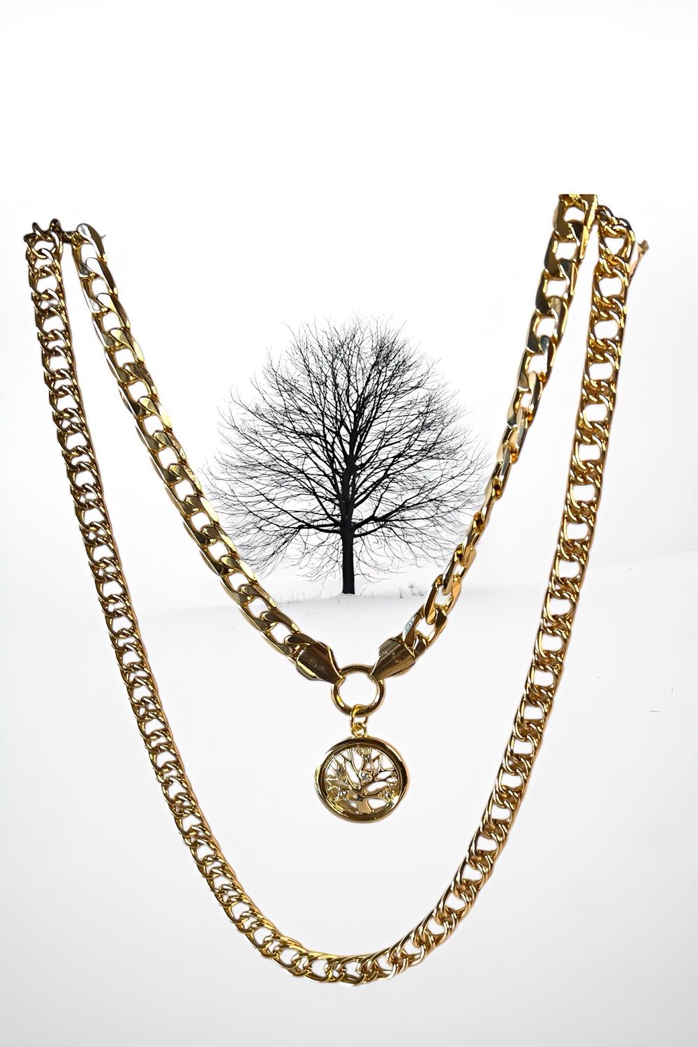 2pcs/set Inlaid Zirconia Life Tree Pendant Necklace Classic Cuban Link Chain Necklace