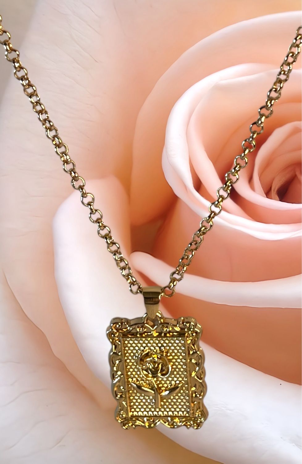 Framed Golden Rose Square Pendant  Chain 23”