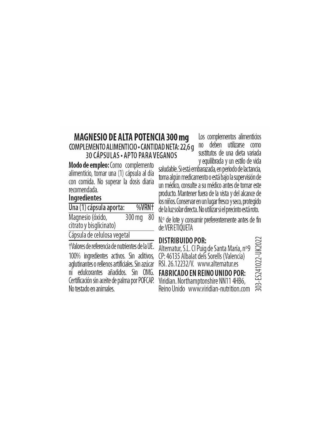 VIRIDIAN MAGNESIO ALTA POTENCIA 300 MG 30 CAPSULAS VEGANAS