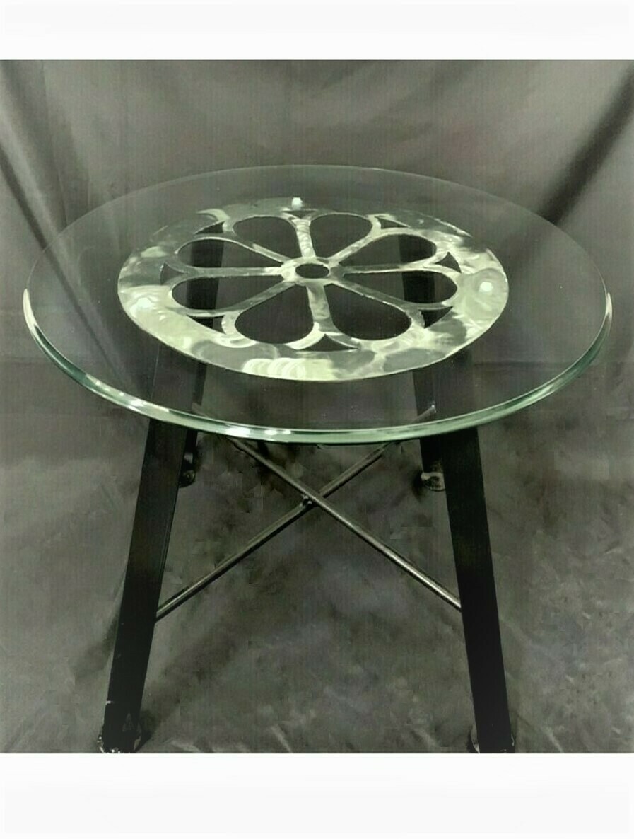 METAL TORCH-CUT STEEL TABLE With 24" Round Glass Top