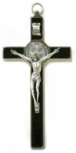 St Benedict Black Enamel Crucifix, Silver Trim & Corpus