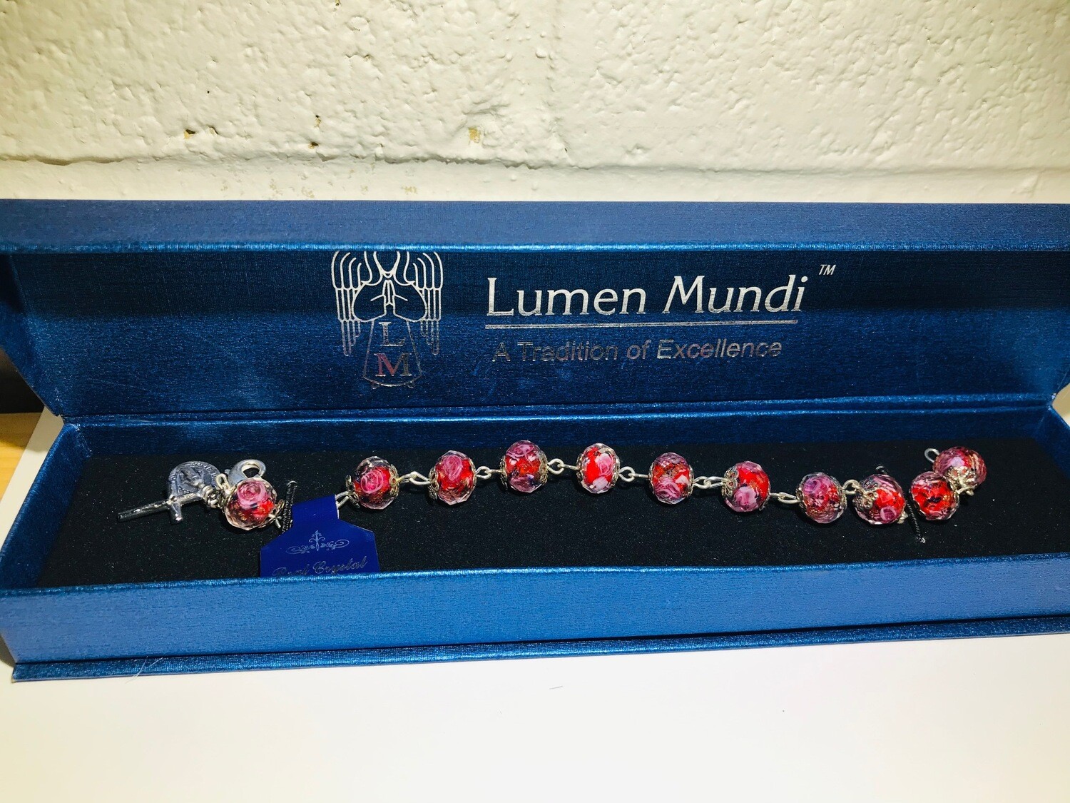 Red Crystal Rosary Bracelet with Painted Rose