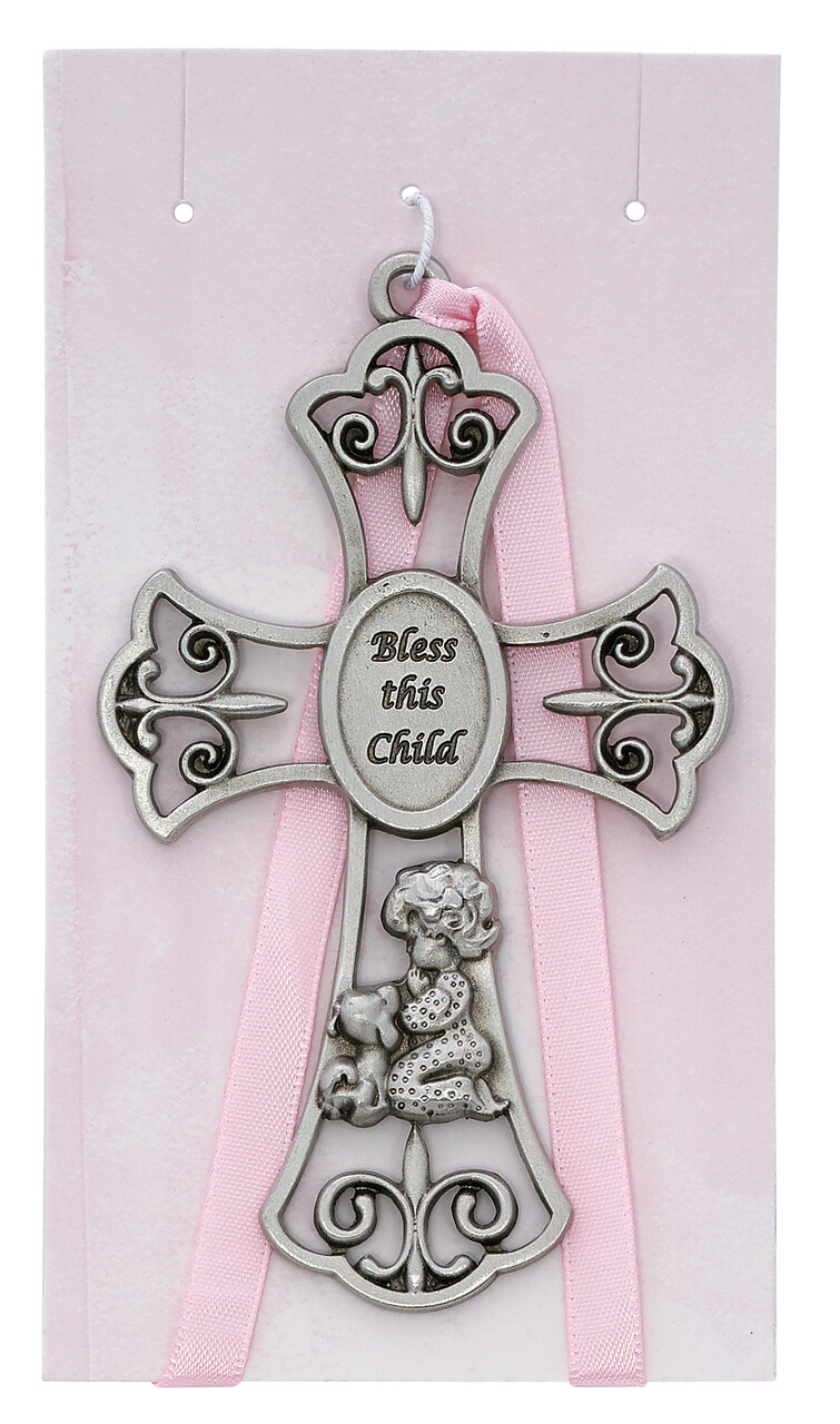 3.75" Crib Cross, Pink Ribbon "Bless This Child"