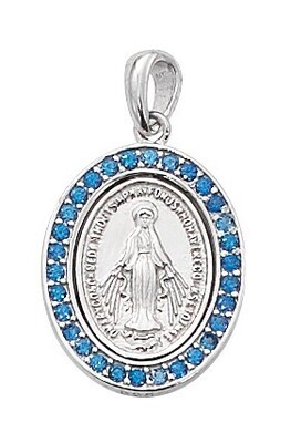 18" SS Blue Stone Miraculous Medal W/chain