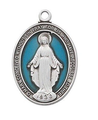 SS BLUE MIRACULOUS MEDAL 18" CHAIN