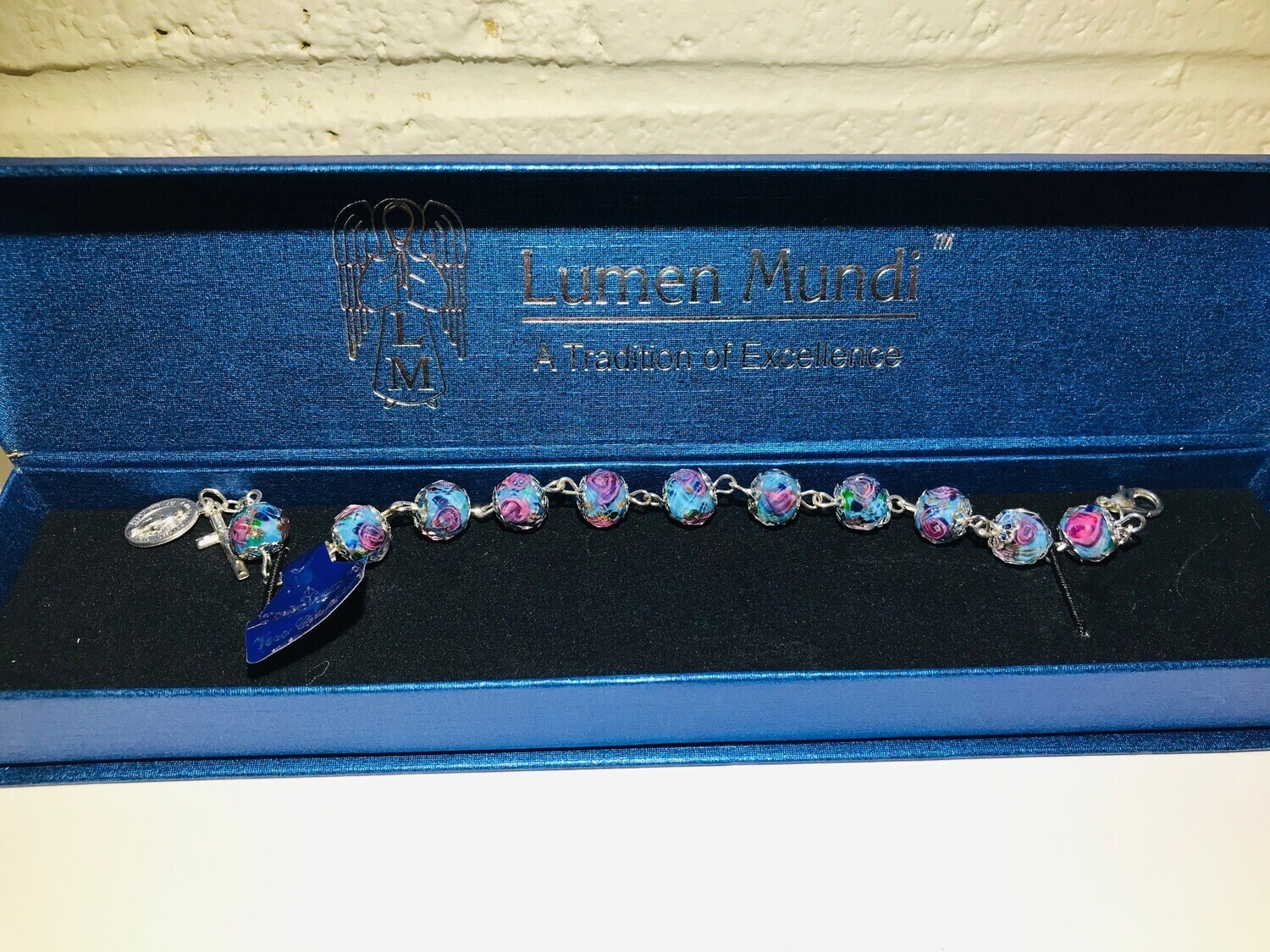 Crystal Light Blue Rosary Bracelet with Painted Rose