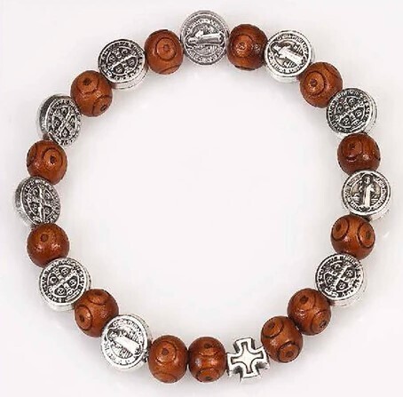 Wood Carved St. Benedict Stretch Bracelet