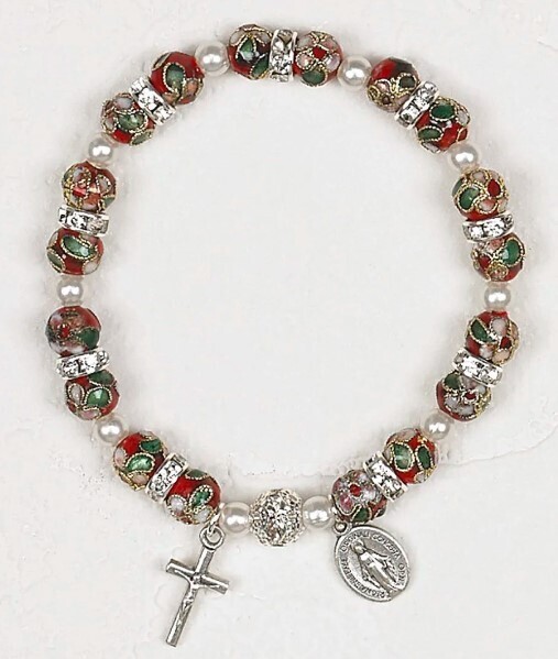 Red Cloisonne Stretch Bracelet with Crucifix and Miraculous Medal