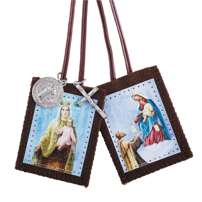 Our Lady of Mt Carmel Brown Scapular w/ Benedict medal