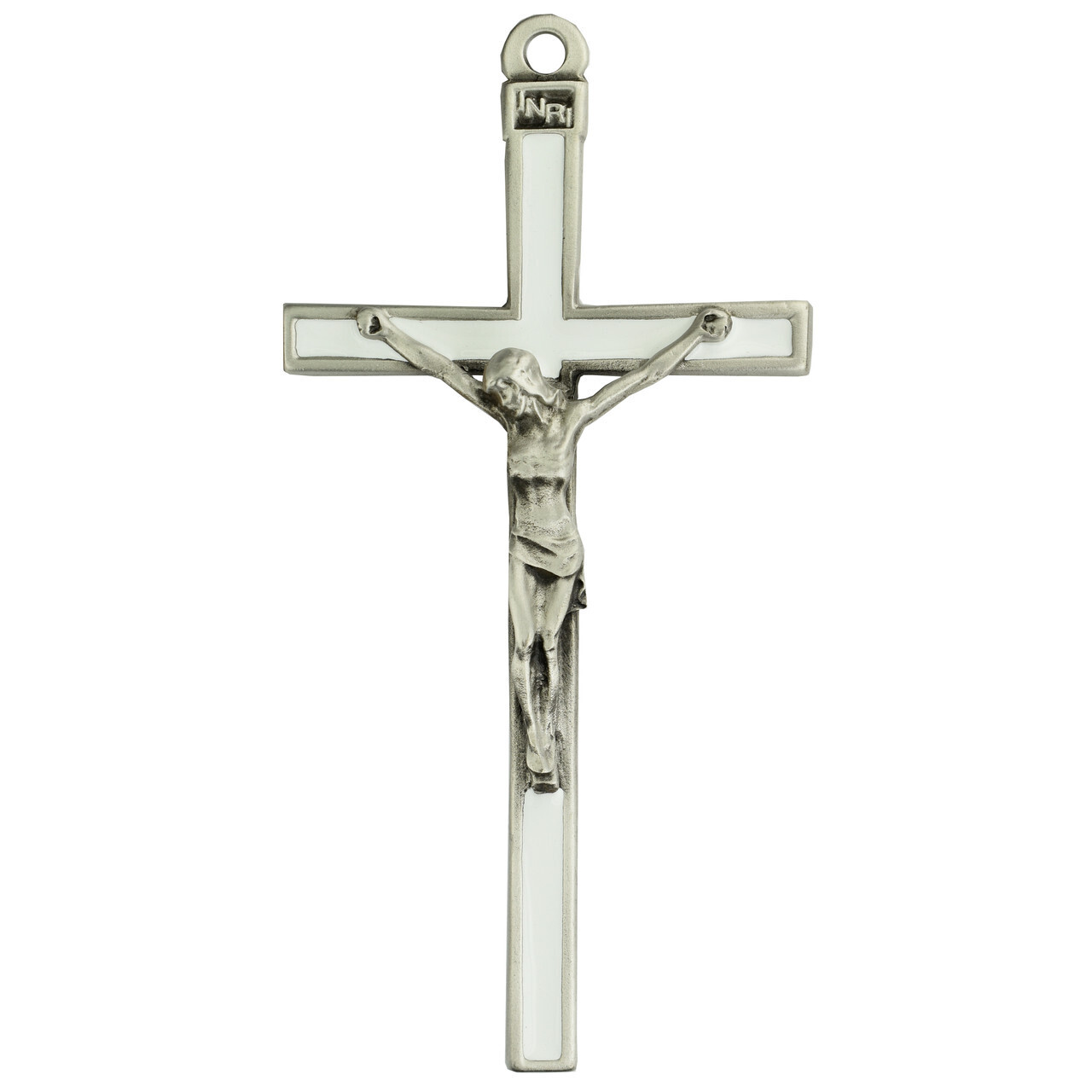 White Enamel Silver Crucifix 5"