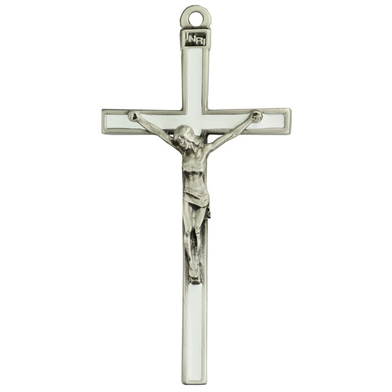White Enamel Silver Crucifix 5&quot;
