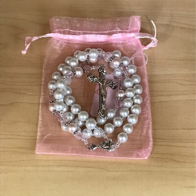 Communion Rosary White with Pink Mesh Case