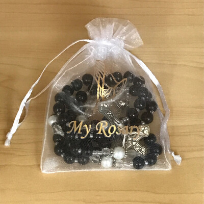 Communion Rosary with Black beads and white mesh bag