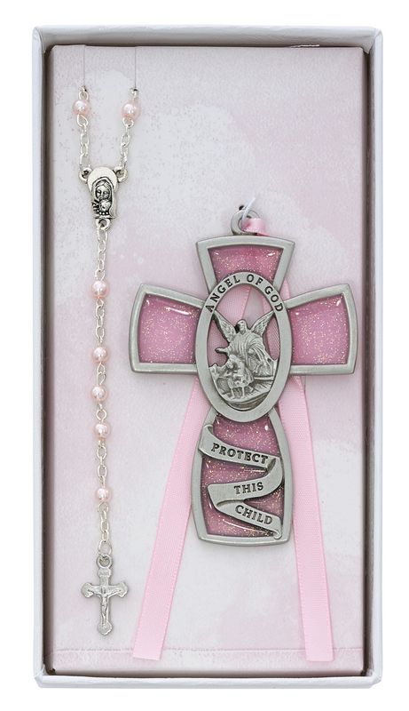 Pink Guardian Angel Cross/Rosary Set