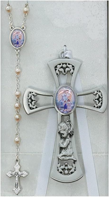 Pewter Girl Cross with Guardian Angel Rosary Set Girl Pink