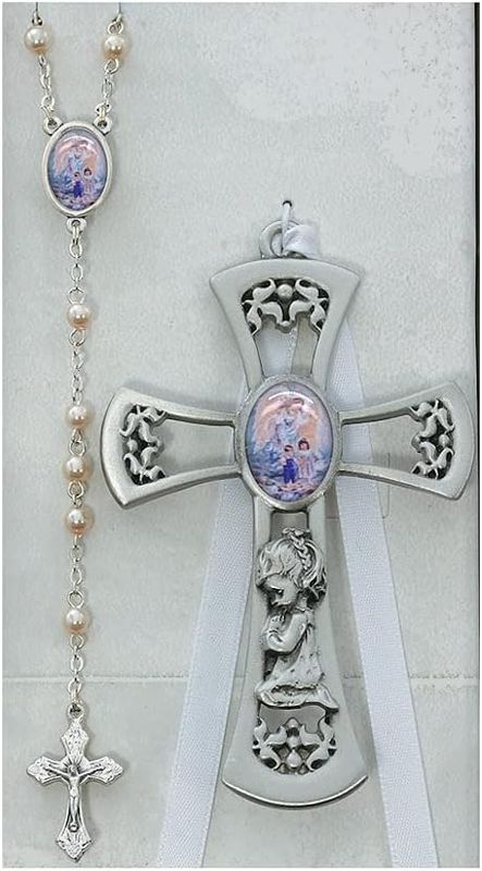 Pewter Girl Cross with Guardian Angel Rosary Set Girl Pink