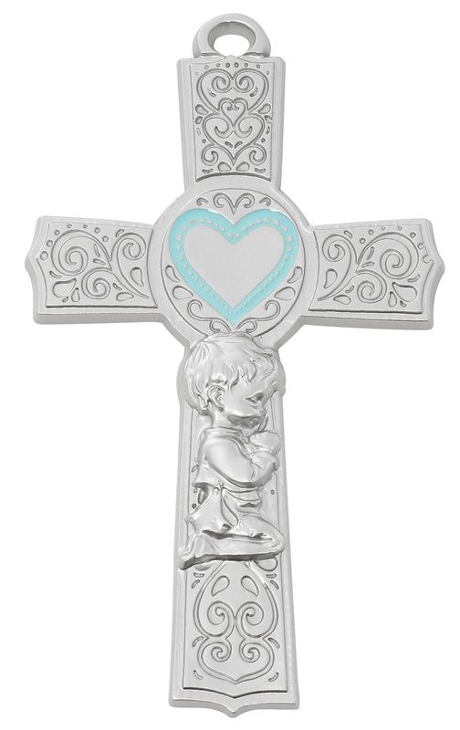 6&quot; Pewter Baby Boy Blue Filigree Cross