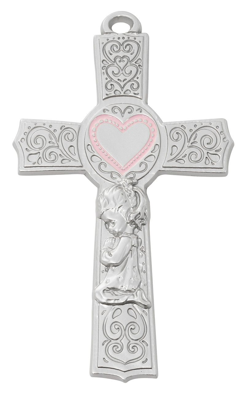 6&quot; Pewter Baby Girl Pink Filigree Cross